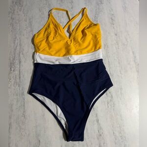 Cupshe Colorblock One-Piece Swimsuit - Yellow, White, and Navy